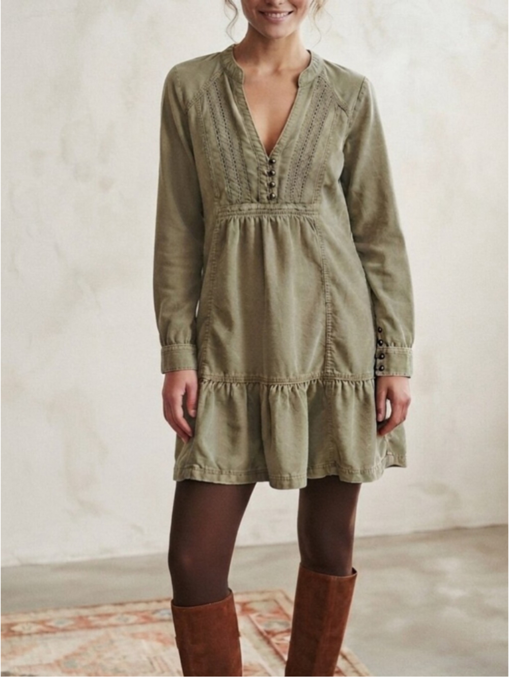 Anthropologie Pilcro Green Corduroy Dress Long Sleeve Fall Prarie Size M Petite